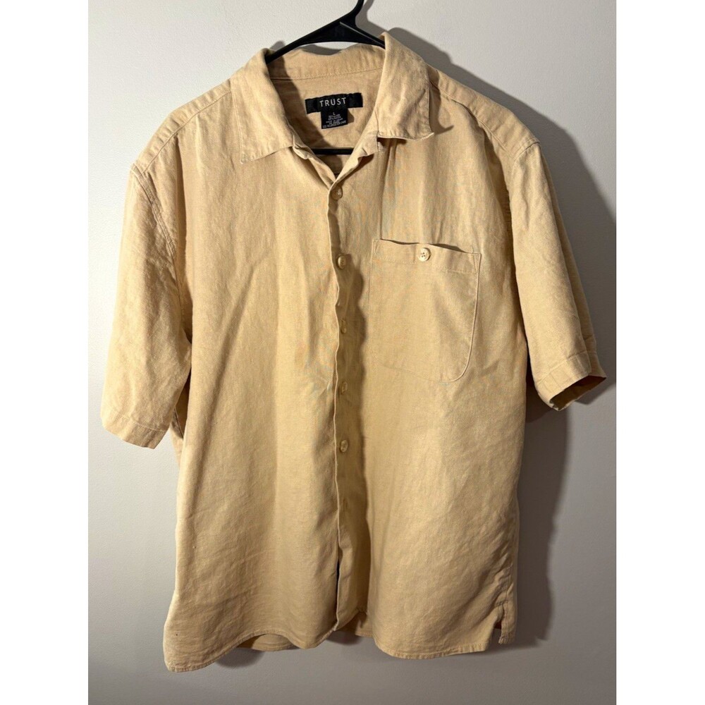 Trust Men’s L Beige Linen Rayon Short Sleeve Button-Up Shirt Pockets